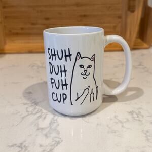 Shuh Duh Fuh Cup cool cat mug, cat giving middle finger white black gift
